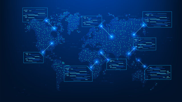 Technology background digital world map with data callout boxes and line node
