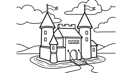 Fototapeta premium Castle coloring page detailed illustration for kids and adults fantasy silhouette