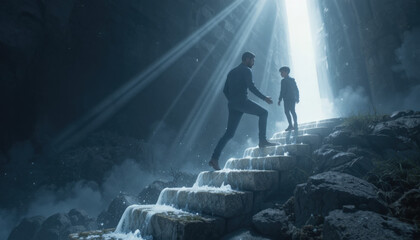 Fototapeta premium Father and son walking up stone stairs toward a bright divine light in a dark cave, conceptual path to success and mentorship