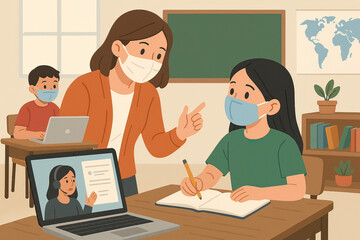 Obraz premium The concept of online learning, children wearing masks at school, or teacher and student interactions.