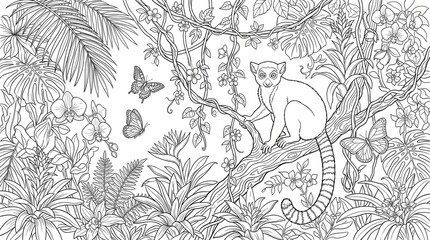 Fototapeta premium Tropical lemur jungle silhouette coloring page for adults and kids