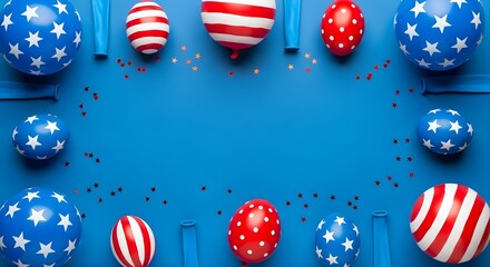 Obraz premium Festive fourth of july arrangement with balloons and confetti on a vibrant blue backdrop