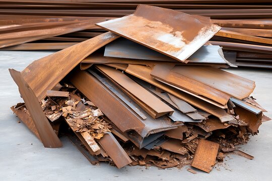 Rusty Metal Sheets and Scrap Metal Piled in an Industrial Warehouse or Storage Facility