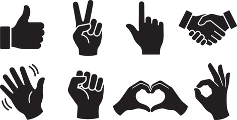 Fototapeta premium Collection of Hand Gesture Silhouette Icons Representing Various Communication Signals and Common Human Expressive Nonverbal Signs isolated on a white background.