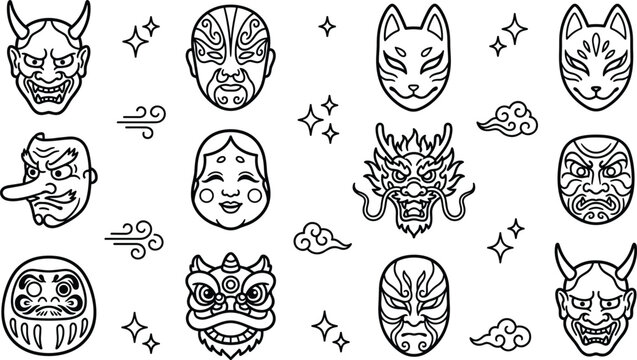 Traditional Asian culture mask element doodle set Japanese Oni Kitsune Chinese opera dragon line art vectors
