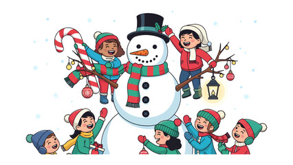 Naklejka premium Winter Wonderland Building Fun: A group of diverse children joyfully constructs a snowman adorned with festive decorations, capturing the spirit of winter play and holiday cheer.