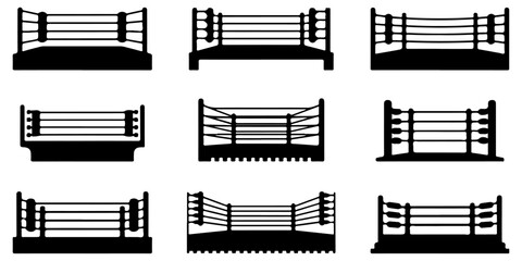 boxing ring Wrestling ring silhouette icon isolated on light background, combat sports arena with ropes and corner posts, black graphic symbol for competition themes © MSTROUJATOUS