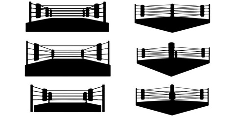 boxing ring Wrestling ring silhouette icon isolated on light background, combat sports arena with ropes and corner posts, black graphic symbol for competition themes © MSTROUJATOUS