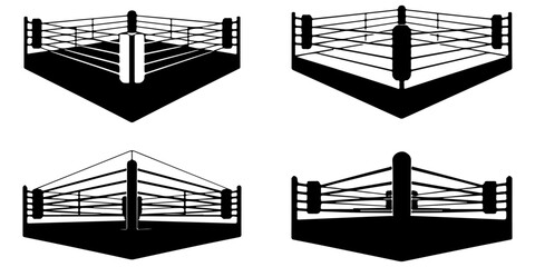 boxing ring Wrestling ring silhouette icon isolated on light background, combat sports arena with ropes and corner posts, black graphic symbol for competition themes © MSTROUJATOUS