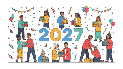 Fototapeta premium New Year's Celebration 2027: Diverse groups of people exchange gifts and celebrate, surrounded by balloons, confetti, and party hats, embodying the joy and anticipation of the upcoming year 2027.