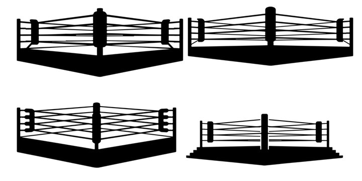 boxing ring Wrestling ring silhouette icon isolated on light background, combat sports arena with ropes and corner posts, black graphic symbol for competition themes