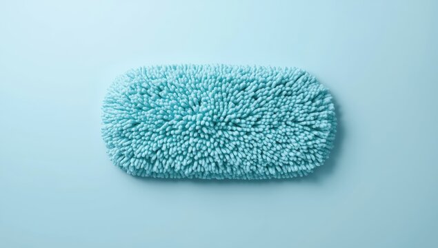 Top view of a microfiber mop against a light blue backdrop, with room for text.