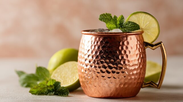 moscow mule cocktail in copper mug with lime wedge and mint leaves