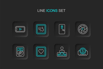 Fototapeta premium Set line Cinema ticket, Actor star, Like heart, CD disk award frame, Camera shutter, Backstage, Rating movie and Online play video icon. Vector