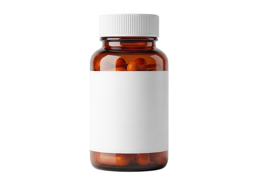 Brown glass medicine bottle with blank white label for supplement capsules isolated on transparent background