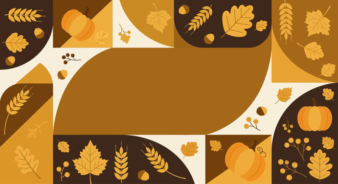 Autumn Harvest Thanksgiving Poster Background with Vector Illustration of Pumpkins Wheat and Oak Leaves for Seasonal Greeting Cards
