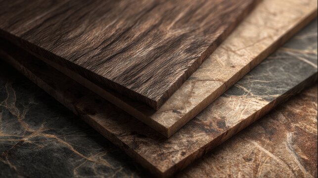premium collection of natural material textures, wood grain, stone surface, linen fabric, elegant side lighting revealing fine details, luxury design