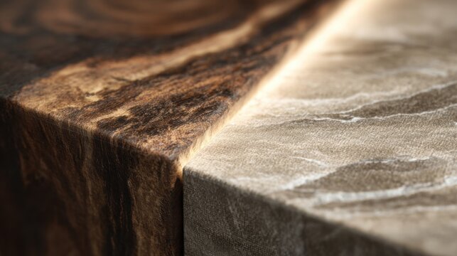 premium collection of natural material textures, wood grain, stone surface, linen fabric, elegant side lighting revealing fine details, luxury design