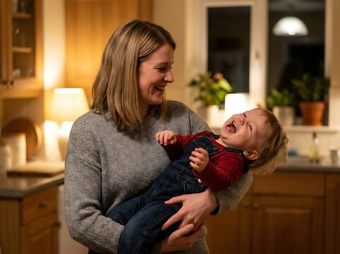 A happy mother holding her laughing baby boy in a cozy kitchen at night, both smiling and enjoying a heartwarming moment together