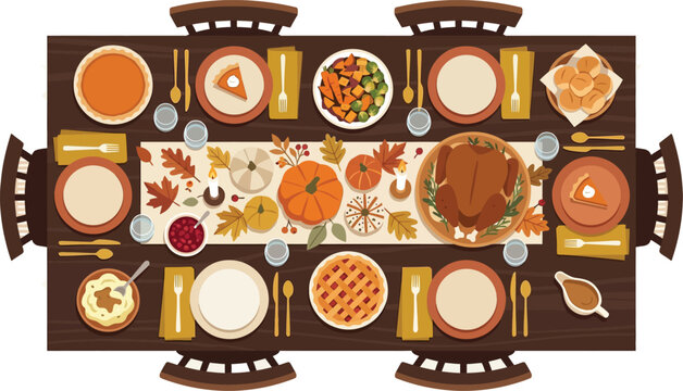Overhead view of thanksgiving dinner table set with roasted turkey pumpkin pie and autumn seasonal decorations, thanksgiving