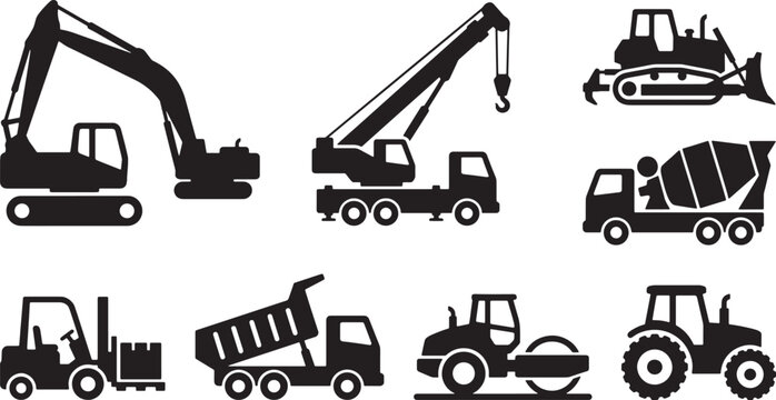 Industrial construction vehicles silhouettes set featuring excavator, crane, bulldozer, mixer, forklift, and dump truck.