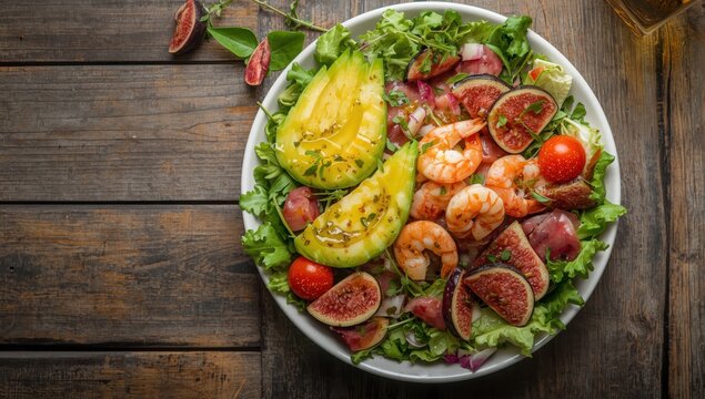 Tossed salad featuring tuna, shrimp, avocado, and figs.