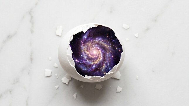 Cracked white eggshell with glowing purple nebula galaxy inside, marble background