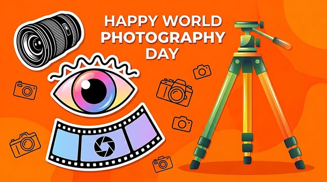 Colorful world photography day celebration with cameras tripod and film strip illustration design