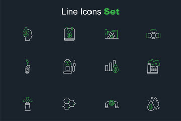 Fototapeta premium Set line Oil drop with dollar symbol, pipe valve, Molecule oil, rig, and gas industrial factory, Pie chart, Petrol station and Gasoline pump nozzle icon. Vector