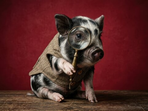Curious Detective. A miniature pig dressed in a tweed vest holding a magnifying glass, whimsical detective character portrait, creative concept for mystery themed marketing.