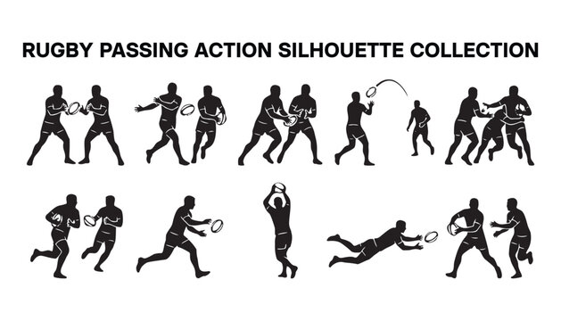 Rugby Passing Action Silhouette Icon Set.