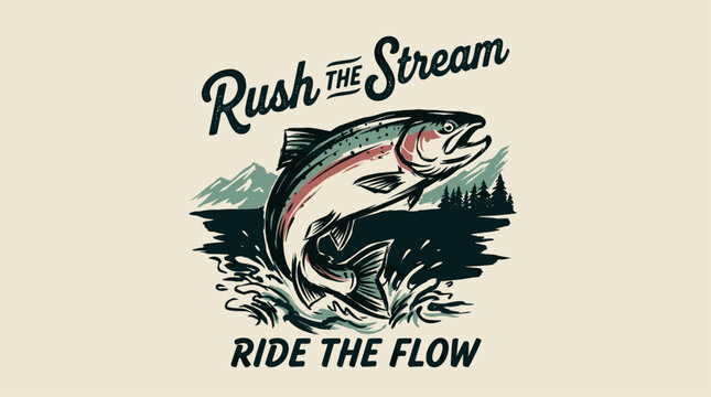 Rush the stream. Mountain adventure vintage print design for t shirt. Ride the flow. Fishing club artwork.