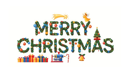 Fototapeta premium Merry Christmas Greeting: Festive typography spells out MERRY CHRISTMAS adorned with twinkling lights, baubles, and holly, with gifts, candy canes, and an angel celebrating the holiday spirit.