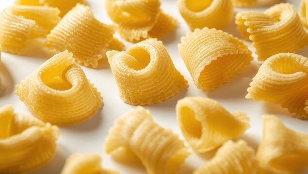 Uncooked pipe rigate pasta on a white surface