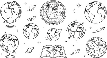 World globe map geography line art vector icon set with earth spheres travel navigation and ecology planet concepts © MdShakib