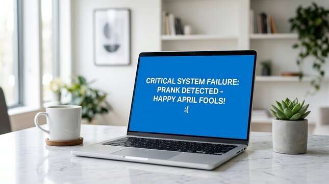 Laptop on a desk displaying a fake computer error message for an April Fools Day prank concept.