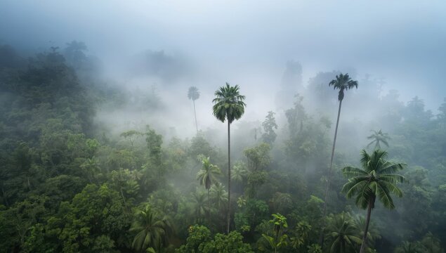 Thick mist envelops towering wax palms in Colombia's Cocora Valley cloud forest, highlighting the stunning landscape and the tallest palm species.
