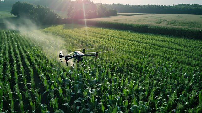 High-tech agricultural drone spraying crop over a vast green farm field at sunrise, symbolizing precision farming and smart crop management.