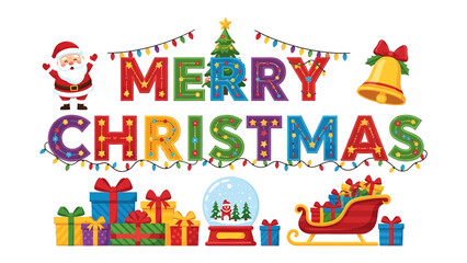 Naklejka premium Christmas Celebration Banner: A vibrant and festive banner wishing Merry Christmas adorned with twinkling lights, classic holiday icons like Santa Claus, a Christmas tree, presents.