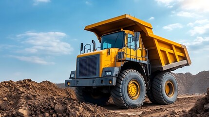Fototapeta premium Large Yellow Heavy Duty Dump Truck Driving Over Construction Site Dirt Mound in Outdoor Landscape
