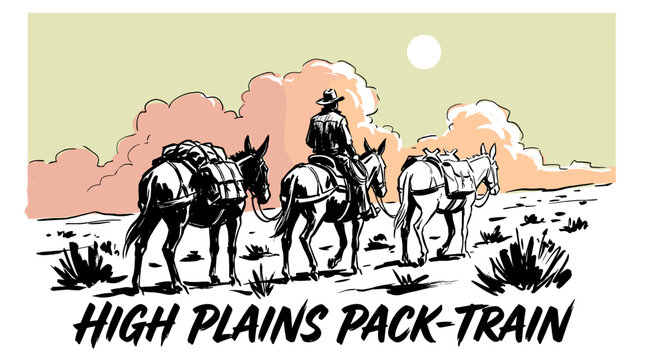 High plains pack train adventure vintage print design for t shirt. Explore more. Western cowboy landscape artwork.