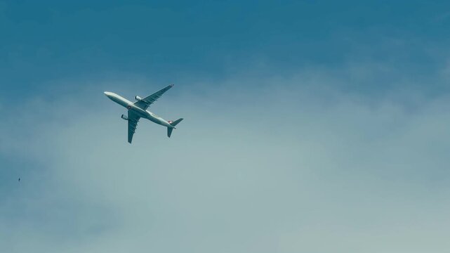 Passenger jet airplane flying low in cloudy sky during commercial aviation flight trip. Bottom view of modern twin engine aircraft airliner transit at summer day. International travel concept.