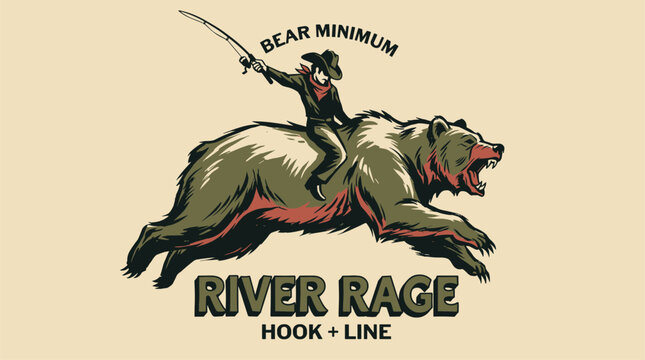 River rage bear minimum. Mountain adventure vintage print design for t shirt. Fishing club graphic. Explore more.