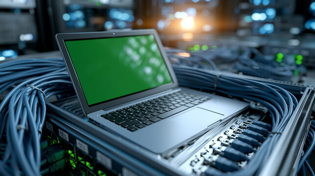 Laptop with green screen resting inside an empty server rack, surrounded by coiled network cables and labeled ports, clean mockup scene, technology template, server setup, data center rack,