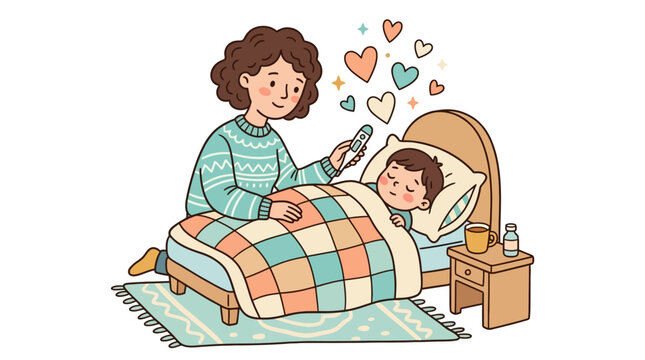 Mother caring for her sick child in bed checking temperature with thermometer illustration. EPS Editable