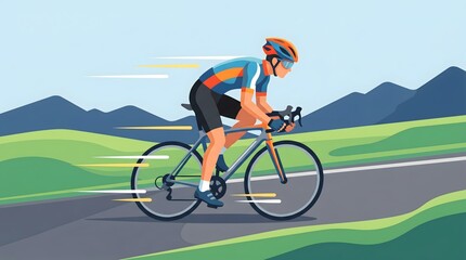 Naklejka premium Male cyclist speeds on a road bike through a scenic mountain landscape, a vibrant vector illustration.