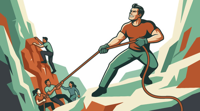 Strong leader pulling rope to help team climb steep mountain cliff business metaphor illustration. EPS Editable
