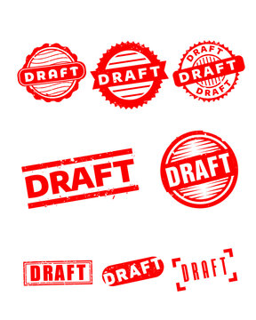 Red draft stamp collection with grunge texture, approval and document marking labels, isolated business rubber stamp vector set