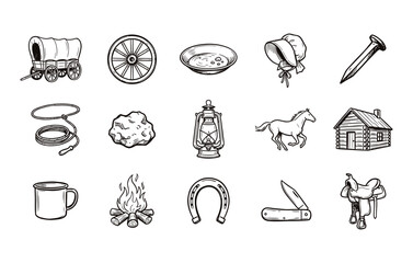 Fototapeta premium Cowboy lifestyle and western frontier outline illustrations featuring covered wagon saddle and lantern