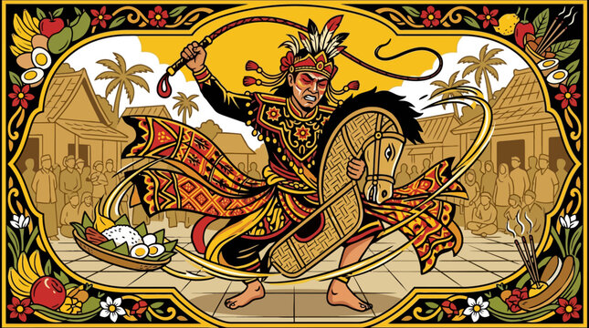 Traditional Indonesian Jathilan Kuda Lumping dancer illustration with whip and bamboo horse. EPS Editable